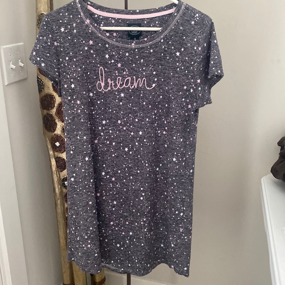 Laura Ashley Gray Pink Star Dream Short Sleeve Sleep Gown M